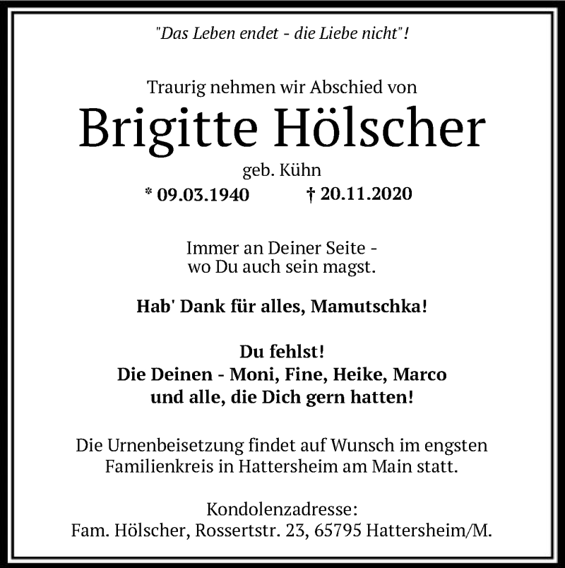  Traueranzeige für Brigitte Hölscher vom 28.11.2020 aus HNA