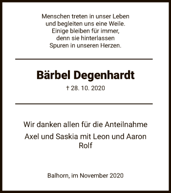 Traueranzeige von Bärbel Degenhardt von HNA