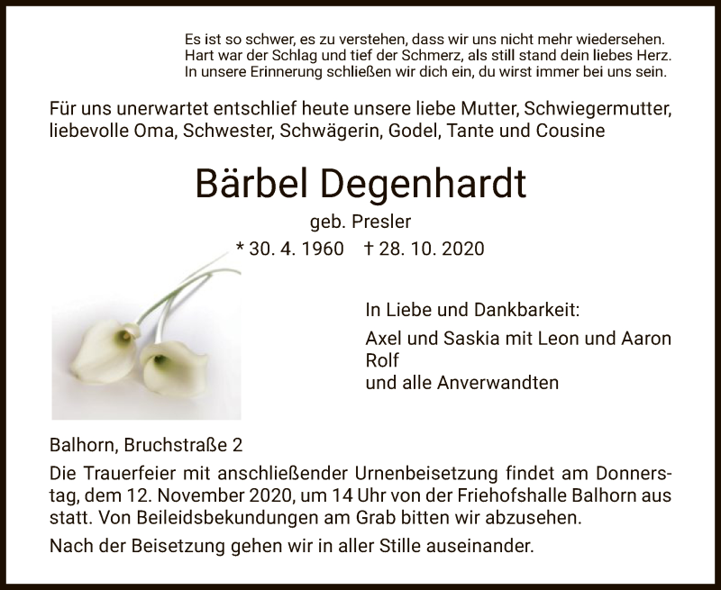  Traueranzeige für Bärbel Degenhardt vom 07.11.2020 aus HNA