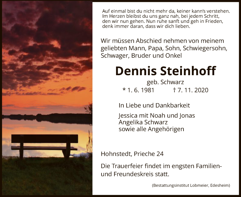  Traueranzeige für Dennis Steinhoff vom 14.11.2020 aus HNA