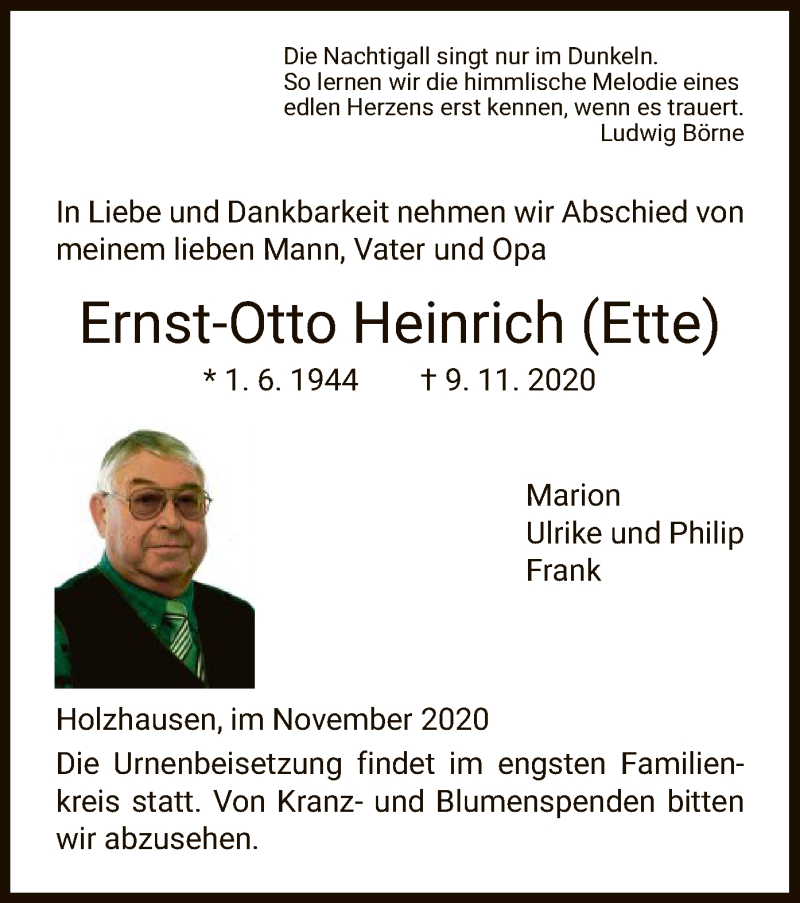  Traueranzeige für Ernst-Otto Heinrich vom 14.11.2020 aus HNA