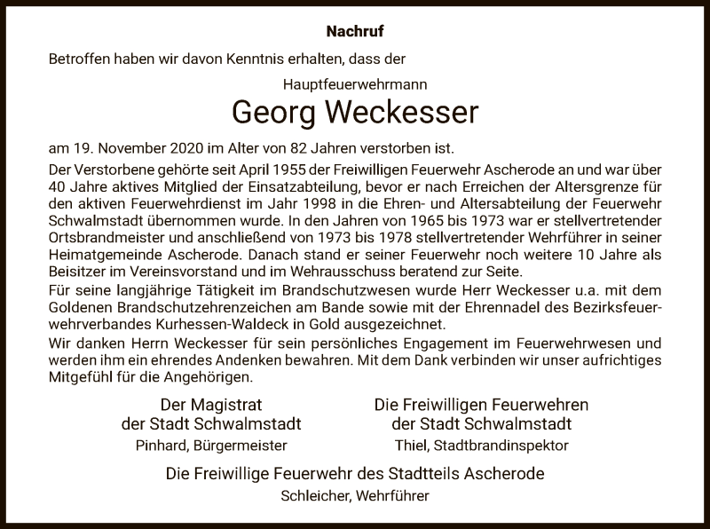  Traueranzeige für Georg Weckesser vom 27.11.2020 aus HNA