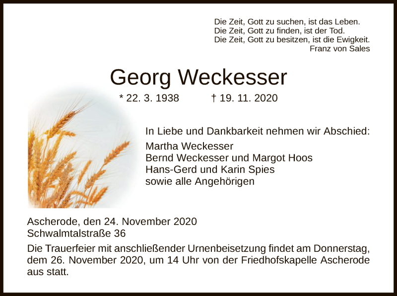  Traueranzeige für Georg Weckesser vom 24.11.2020 aus HNA