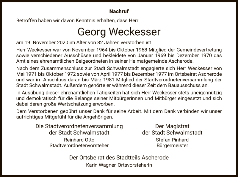  Traueranzeige für Georg Weckesser vom 26.11.2020 aus HNA