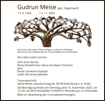 Traueranzeige von Gudrun Meise von HNA