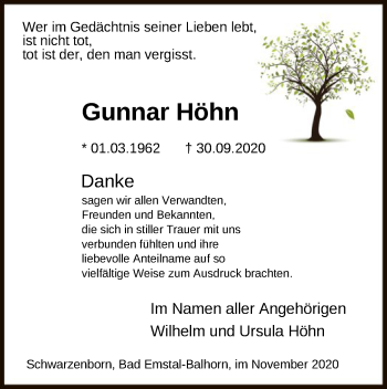 Traueranzeige von Gunnar Höhn von HNA