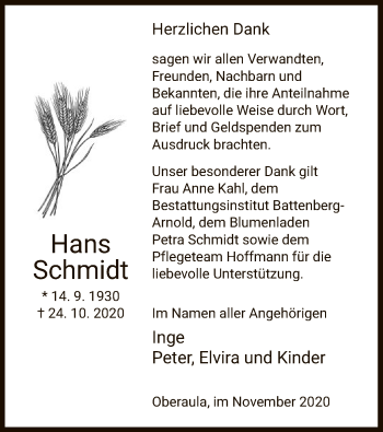 Traueranzeige von Hans Schmidt von HNA