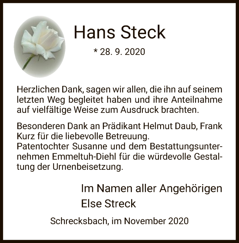  Traueranzeige für Hans Streck vom 07.11.2020 aus HNA