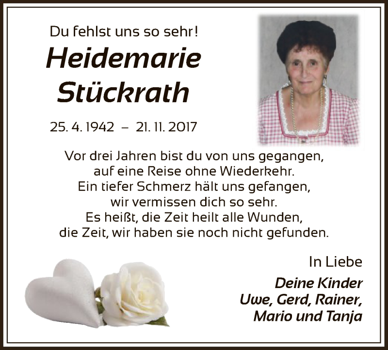 Traueranzeige für Heidemarie Stückrath vom 21.11.2020 aus HNA