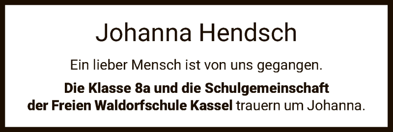  Traueranzeige für Johanna Hendsch vom 13.11.2020 aus HNA