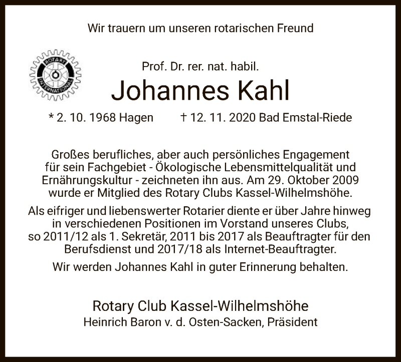 Traueranzeige für Johannes Kahl vom 19.11.2020 aus HNA