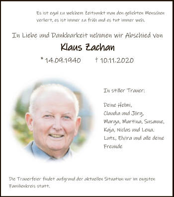 Traueranzeige von Klaus Zachan von HNA