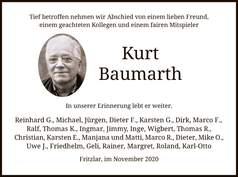  Traueranzeige für Kurt Baumarth vom 13.11.2020 aus HNA