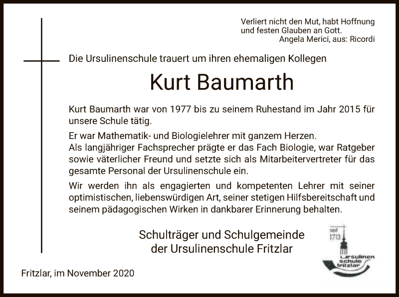  Traueranzeige für Kurt Baumarth vom 11.11.2020 aus HNA