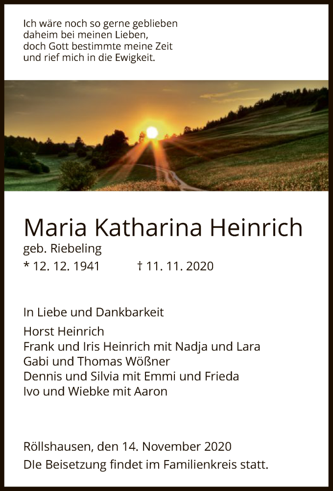  Traueranzeige für Maria Katharina Heinrich vom 14.11.2020 aus HNA