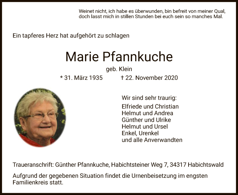  Traueranzeige für Marie Pfannkuche vom 25.11.2020 aus HNA