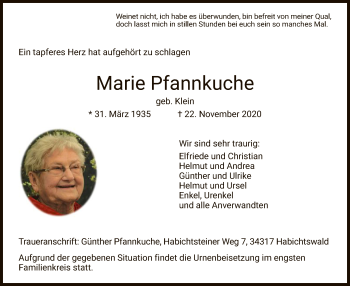 Traueranzeige von Marie Pfannkuche von HNA