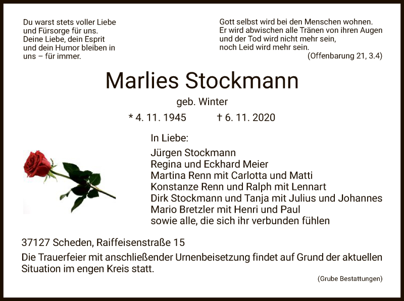  Traueranzeige für Marlies Stockmann vom 14.11.2020 aus HNA