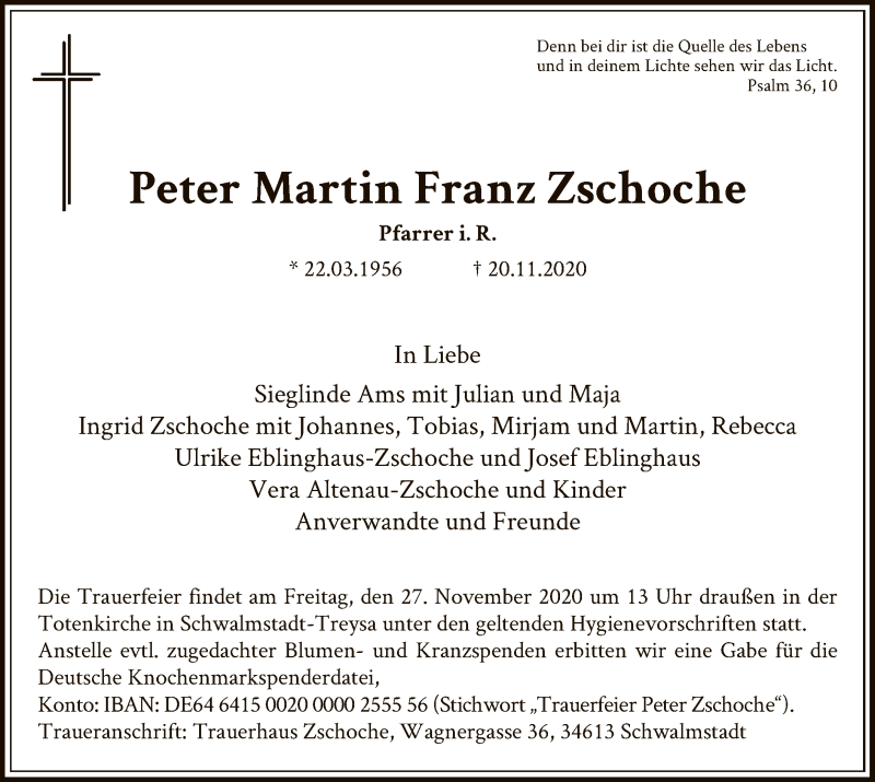  Traueranzeige für Peter Martin Franz Zschoche vom 25.11.2020 aus HNA