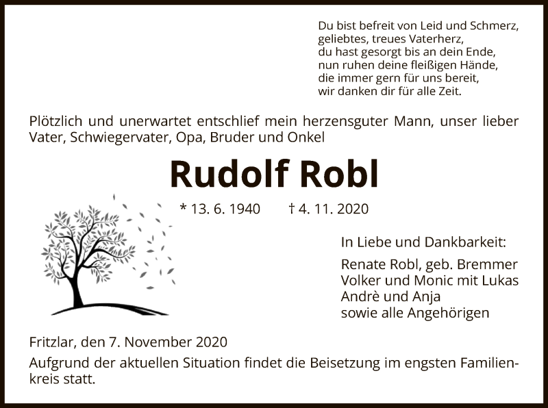  Traueranzeige für Rudolf Robl vom 07.11.2020 aus HNA