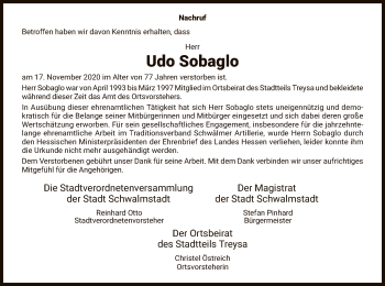 Traueranzeige von Udo Sobaglo von HNA