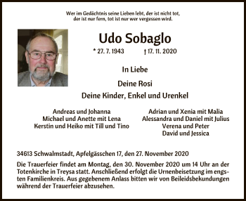 Traueranzeige von Udo Sobaglo von HNA