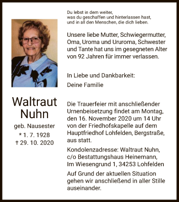 Traueranzeige von Waltraut Nuhn von HNA