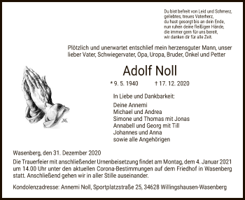 Traueranzeige von Adolf Noll von HNA