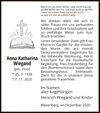 Traueranzeige von Anna Katharina Wiegand von HNA