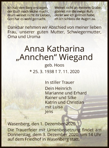 Traueranzeige von Anna Katharina Wiegand von HNA