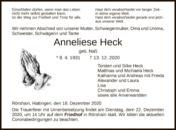 Traueranzeige von Anneliese Heck von HNA