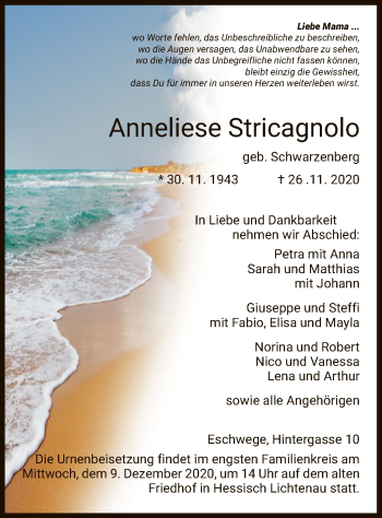 Traueranzeige von Anneliese Stricagnolo von HNA