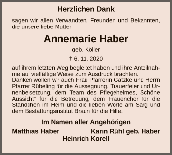 Traueranzeige von Annemarie Haber von HNA