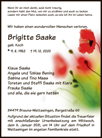 Traueranzeige von Brigitte Saake von HNA