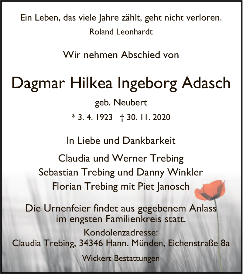  Traueranzeige für Dagmar Hilkea Ingeborg Adasch vom 05.12.2020 aus HNA