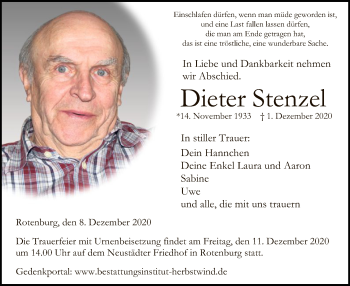 Traueranzeige von Dieter Stenzel von HNA