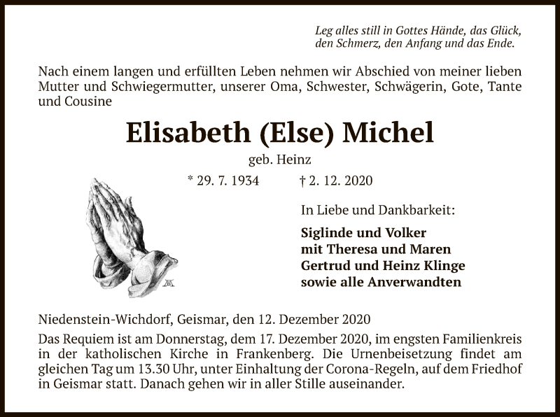  Traueranzeige für Elisabeth Michel vom 15.12.2020 aus HNA