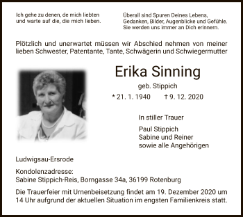 Traueranzeige von Erika Sinning von HNA
