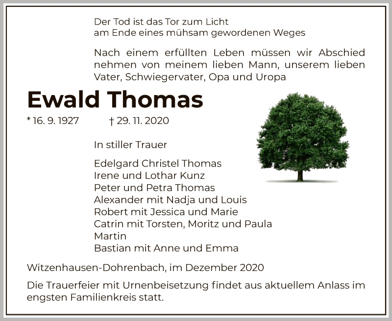 Traueranzeige für Ewald Thomas vom 05.12.2020 aus HNA