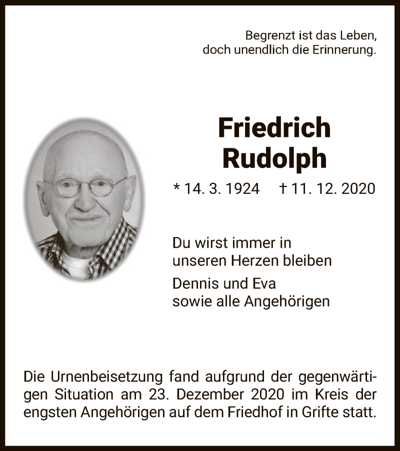  Traueranzeige für Friedrich Rudolph vom 24.12.2020 aus HNA
