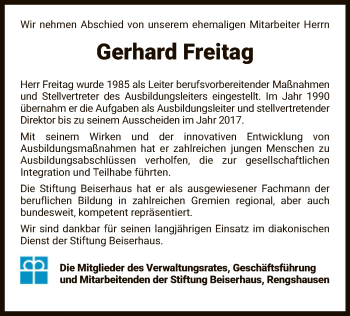Traueranzeige von Gerhard Freitag von HNA