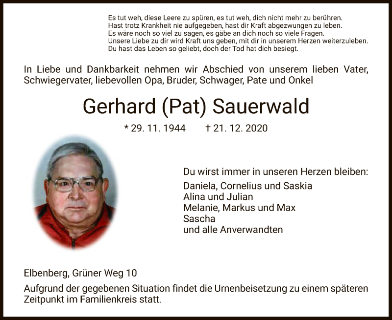  Traueranzeige für Gerhard Sauerwald vom 24.12.2020 aus HNA