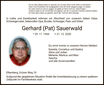 Traueranzeige von Gerhard Sauerwald von HNA