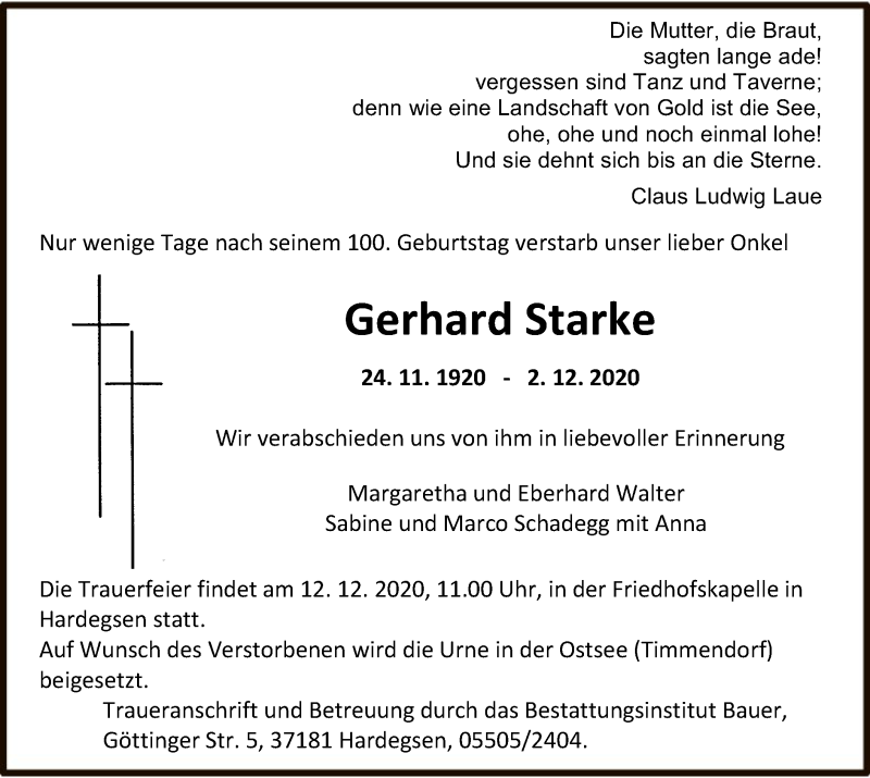 Traueranzeigen Von Gerhard Starke Trauer Hna De