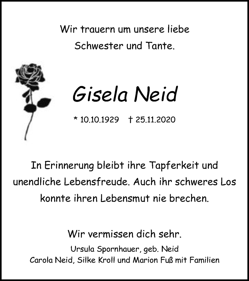  Traueranzeige für Gisela Neid vom 05.12.2020 aus HNA