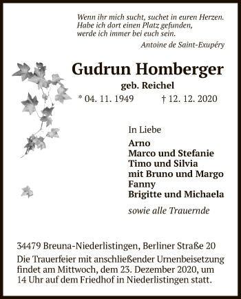 Traueranzeige von Gudrun Homberger von HNA