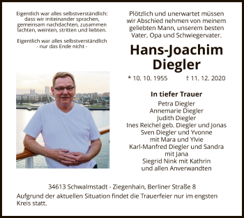 Traueranzeige von Hans-Joachim Diegler von HNA