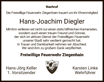 Traueranzeige von Hans-Joachim Diegler von HNA