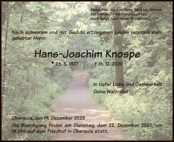 Traueranzeige von Hans-Joachim Knospe von HNA