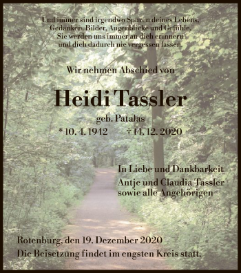 Traueranzeige von Heidi Tassler von HNA